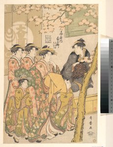 The Oiran Kasugano of Ogiya on Parade under Blossoming Cherry Trees by Kitagawa Utamaro