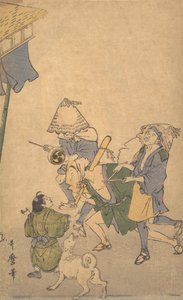 Three Revelers of the Lower Classes, Wearing Komuso Hats..., late 18th-early 19th century by Kitagawa Utamaro
