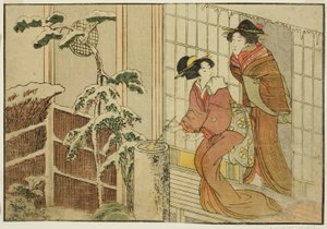 Two Women on Verandah on a Snowy Morning, from the illustrated book "Picture Book: Flowers of the Four Seasons," vol. 2 by Kitagawa Utamaro