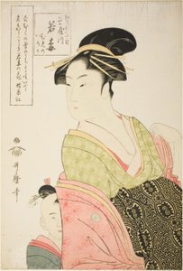 Wakaume of the Tamaya in Edo-cho itchome, and her child attendants Mumeno and Iroka by Kitagawa Utamaro