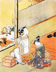 Woman smoking pipe, ukiyo-e art print, Tosa school by Kitagawa Utamaro