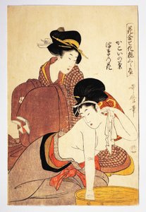 Woman washing herself, illustration by Kitagawa Utamaro from Hana Awase Kesho Kurabe, Aiban-tate-e woodcut by Kitagawa Utamaro