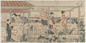 Women Hanging Laundry to Dry on a Balcony, early 1790s by Kitagawa Utamaro