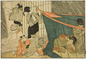 Women Inside a Mosquito Net During a Thunderstorm, from the illustrated book "Picture Book: Flowers of the Four Seasons," vol. 1 by Kitagawa Utamaro