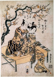 Japanese art: a musician gives a flute lesson to a young woman by Kiyohiro Torii