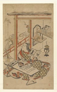Woman at Table, Reading the Tale of Genji by Kiyomasu (I) , Torii (attributed to)