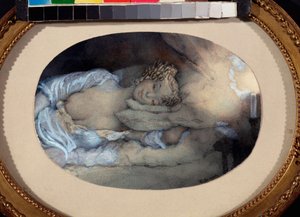 Being in Love. (A young girl lying down, bare breast, dreamy and smiling in the light of a candle). Work by Konstantin Andreyevich Somov, watercolor on paper by Konstantin Andreevic Somov