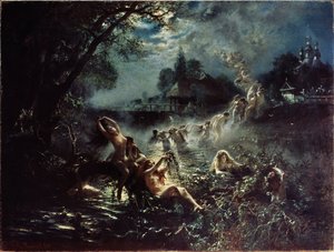 Mermaids. At Night, Naked Women Weave Crowns in a River, Then Form a Chain and Rise into the Sky Before Merging with the Clouds. Painting by Konstantin Yegorovich Makovsky