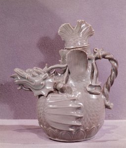 Korean art: ceramic aquamarine shaped like an aquatic dragon. Koryo period