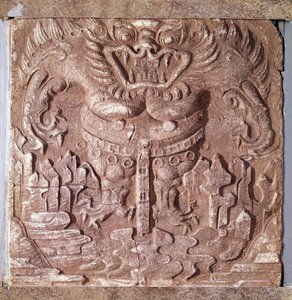 Art coreen: gray terracotta brick depicting a monster. Kingdom of Paekche (or Paikchei or Baekje), Korea. 7th century by Korean School