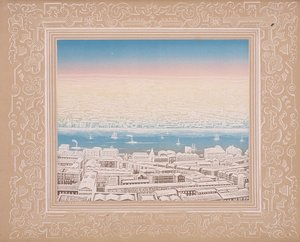 Aerial view of London with decorative border