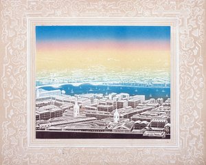 Aerial view of London with decorative border