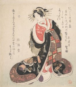 Courtesan Dressed in an Elaborate Gown Embroidered with Emblems of Good Luck by Kubo Shunman