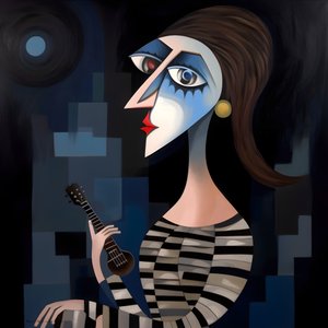 3D Woman Troubadour with Her Guitar in the Night Moon Lights 1