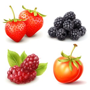 4 Fruits and Berries Isolated on White Background Set 4