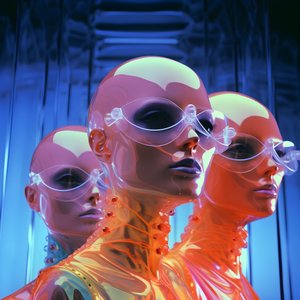 6 Women with 3D Parametric Fluorescent Plastic Masks in a Surreal and Parametric Future Architecture, 1