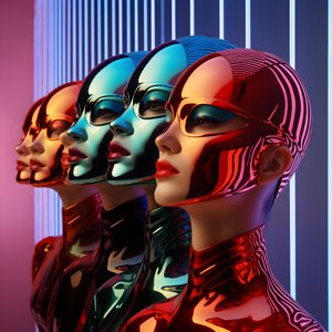 6 Women with 3D Parametric Fluorescent Plastic Masks in a Surreal and Parametric Future Architecture, 3