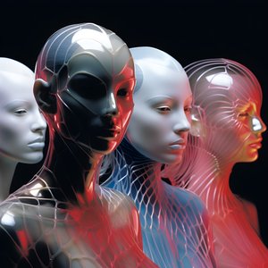 6 Women with 3D Parametric Fluorescent Plastic Masks in a Surreal and Parametric Future Architecture, 4