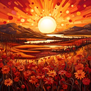 Abstract Landscape Art Featuring a Field of Wildflowers and a Bold Red Sun