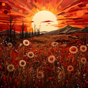 Abstract Landscape Art Featuring a Field of Wildflowers and a Bold Red Sun
