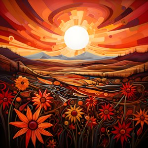 Abstract Landscape Art Featuring a Field of Wildflowers and a Bold Red Sun