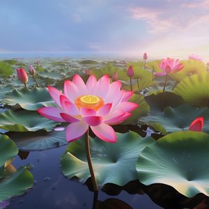 On the Clear Water Surface Bloom Large and Beautiful Lotus Flowers, Green Lotus Leaves and Dew on the Lotus Flowers. The Sunset Shines on the Water Surface 1