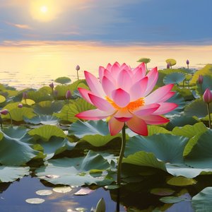 On the Clear Water Surface Bloom Large and Beautiful Lotus Flowers, Green Lotus Leaves and Dew on the Lotus Flowers. The Sunset Shines on the Water Surface 2