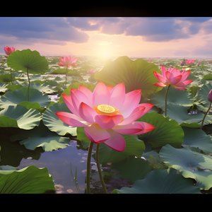 On the Clear Water Surface Bloom Large and Beautiful Lotus Flowers, Green Lotus Leaves and Dew on the Lotus Flowers. The Sunset Shines on the Water Surface 3