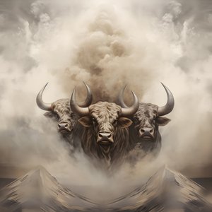 A Fractal Abstract Canvas, Beige-White Smoke Texture. 3 Black Bulls Emerging from the Smoke, with Mount Ararat on the Horizon. Poses Reminiscent of Bulls on Wall Street in New York. 1