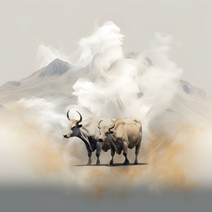 A Fractal Abstract Canvas, Beige-White Smoke Texture. 3 Black Bulls Emerging from the Smoke, with Mount Ararat on the Horizon. Poses Reminiscent of Bulls on Wall Street in New York. 3