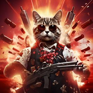 Movie Poster of a Cat Wearing a Black and White Polka Dot Shirt and Shiny Sunglasses, with Explosions and Cannons in the Background 1