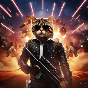 Movie Poster of a Cat Wearing a Black and White Polka Dot Shirt and Shiny Sunglasses, with Explosions and Cannons in the Background 2