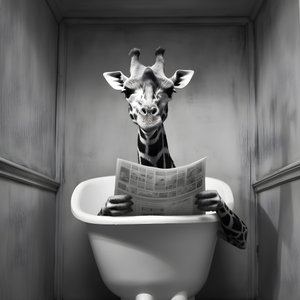 Happy giraffe sitting on toilet with newspaper 1 by Kurt Heppke