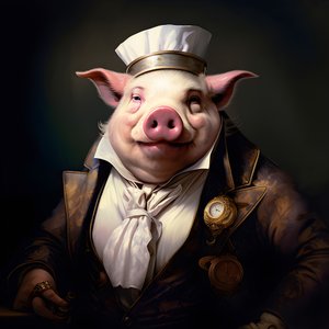 Cold and Domineering Anthropomorphic Pig Plantation Owner, Piercing Eyes, Fat Chubby Body, Cigar in Hand, Exquisite Chic Southern White Suit and Vest, Pocket Watch on a Chain, Monocle, White Felt Hat, Close-up