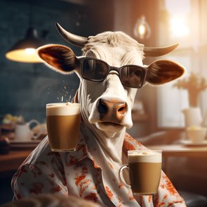 Cow with Sunglasses Looking at Cold Coffee 1