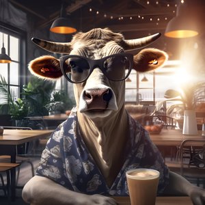 Cow with Sunglasses Looking at Cold Coffee 3