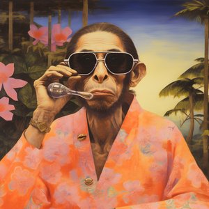 Close-Up of a Cool Monkey in a Japanese Kimono, with Sunglasses, in a Tropical Landscape 3