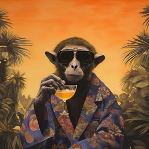 Close-Up of a Cool Monkey in a Japanese Kimono, with Sunglasses, in a Tropical Landscape 4
