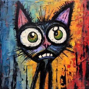 Neo-expressionism of a cartoon cat looking up curiously