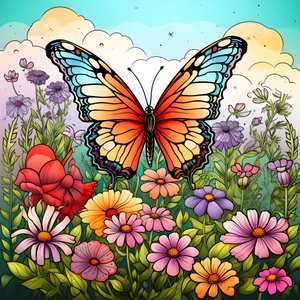 Butterfly in a Meadow with a Trellis of Flowers 1