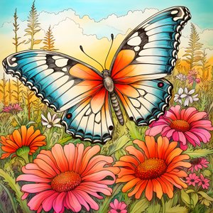 Butterfly in a Meadow with a Trellis of Flowers 2