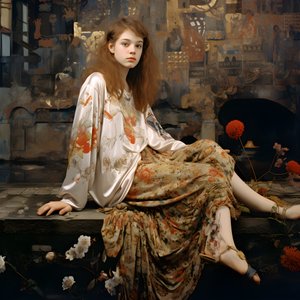 Teenager in Floral Dress and High Skate Shoes, Sitting in a Ruin Through Which a River Flows 4
