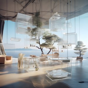 Transparent Building with Island Table