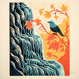 Ultra-Minimalist Illustration of a Colorful Tropical Bird Sitting on a Branched Plant in Front of a Mountain Stream with a Beautiful Waterfall 1