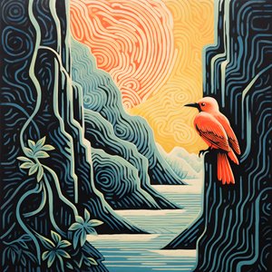 Ultra-Minimalist Illustration of a Colorful Tropical Bird Sitting on a Branched Plant in Front of a Mountain Stream with a Beautiful Waterfall 2