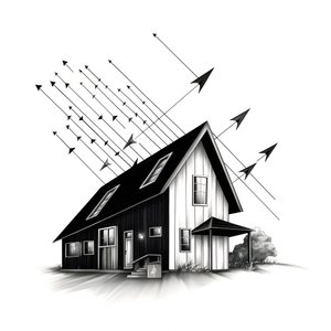 Illustration of a House with Solar Panels and Arrow Pointing Upwards