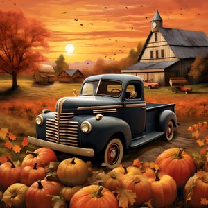 An Old Pickup on an Autumn Evening at Sunset 1