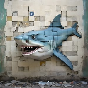A Blue Shark with a Painted Face on an Old Wall 3 by Kurt Heppke