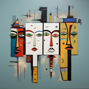 A Painting Shows a Group of Four Heads on a Wall 2