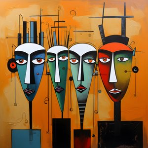 A Painting Shows a Group of Four Heads on a Wall 3